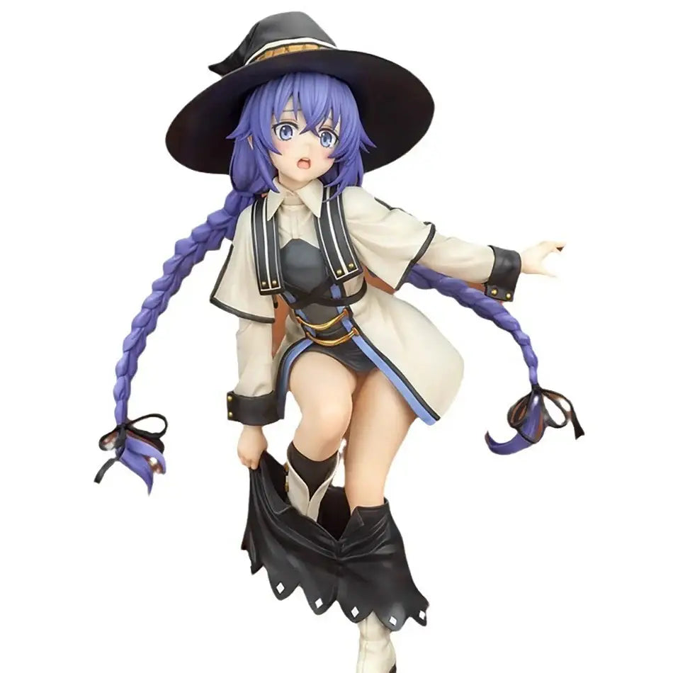 Mushoku tensei eris greyrat pvc statue featuring a purple-haired witch with braided hair black hat and cream gold trim