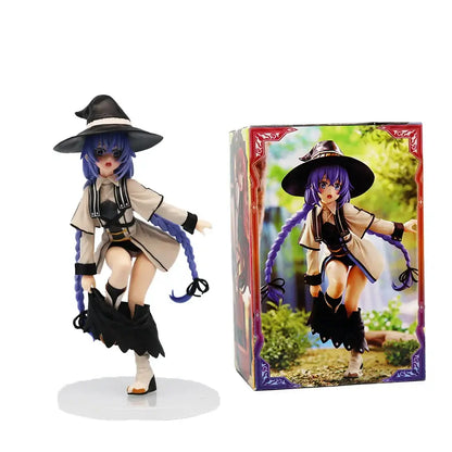 Mushoku tensei eris greyrat pvc statue of purple-haired witch figurine in black hat and beige coat on white base
