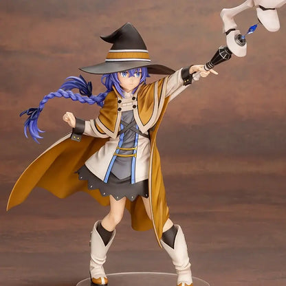 Blue-haired eris greyrat pvc statue wearing a black tan hat and gold-trimmed coat over gray dress with white boots
