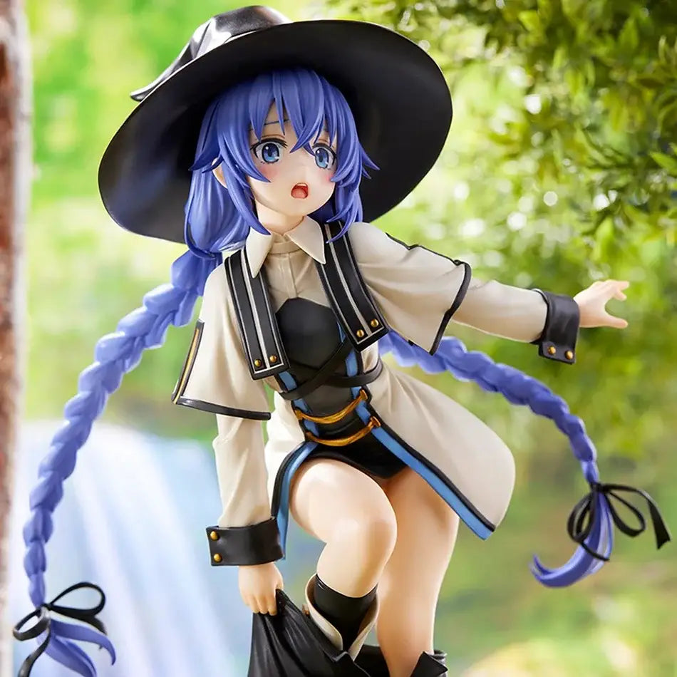 Blue-haired eris greyrat pvc statue in black hat beige coat with black straps gold accents and braided blue hair bows
