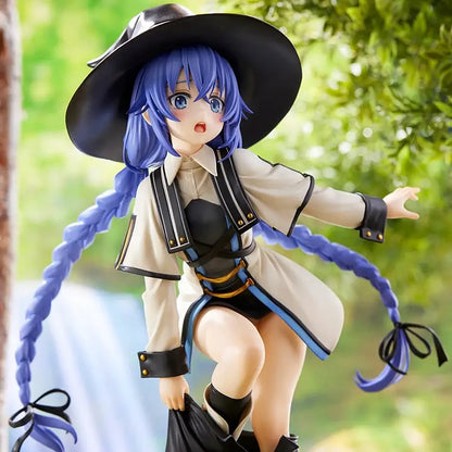 Blue-haired eris greyrat pvc statue in black hat beige coat with black straps gold accents and braided blue hair bows
