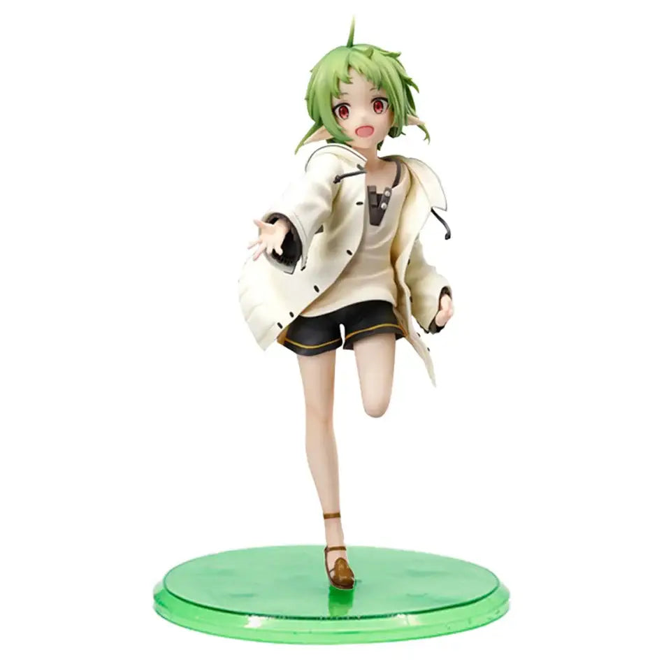 Mushoku tensei eris greyrat pvc statue of green-haired girl with red eyes in cream coat and brown sandals on green base
