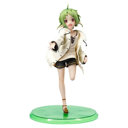 Mushoku tensei eris greyrat pvc statue of green-haired girl with red eyes in cream coat and brown sandals on green base