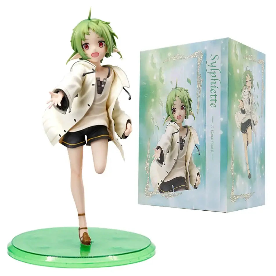 Green-haired eris greyrat pvc statue wearing cream coat and black shorts on a translucent green base from mushoku tensei