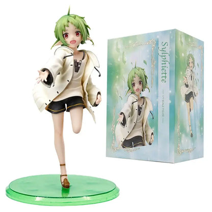 Green-haired eris greyrat pvc statue wearing cream coat and black shorts on a translucent green base from mushoku tensei