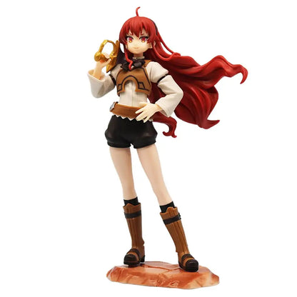 Red-haired eris greyrat pvc statue with long hair wearing white shirt and brown vest standing on orange rocky base