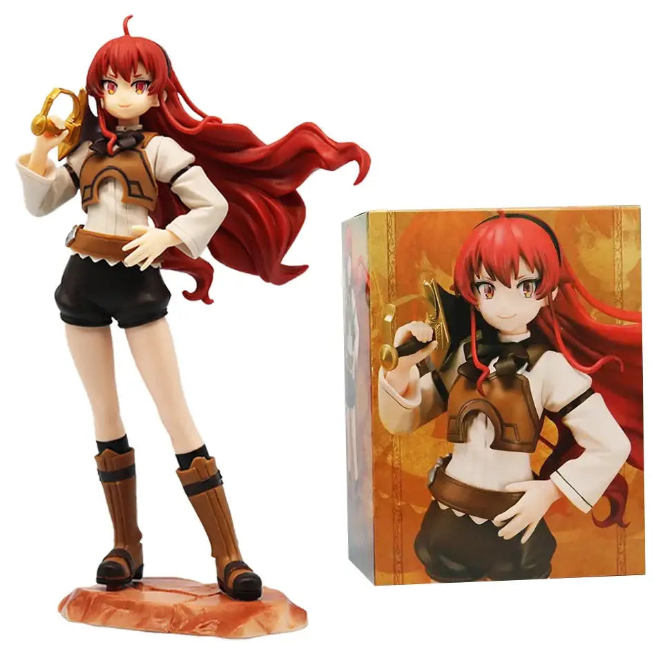 Red-haired eris greyrat pvc statue with long flowing hair in white shirt brown vest and shorts on orange rocky base