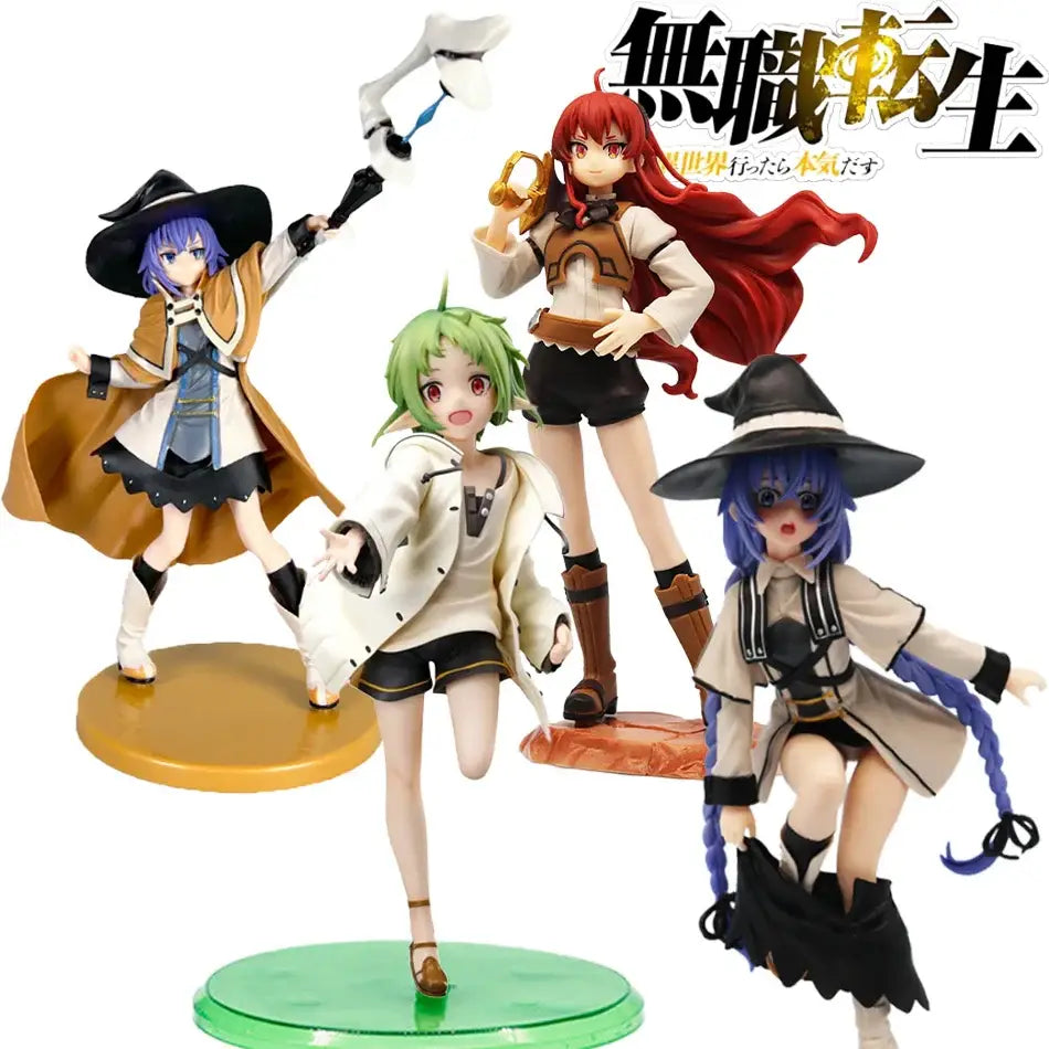 Four anime-style overlord pvc statues with detailed sculpting and painted finishes including eris greyrat colors