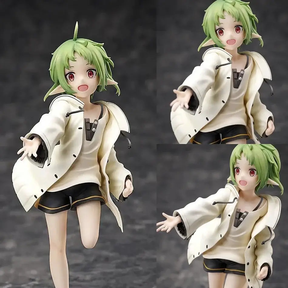Green-haired eris greyrat pvc statue with red eyes wearing cream coat and black shorts from mushoku tensei