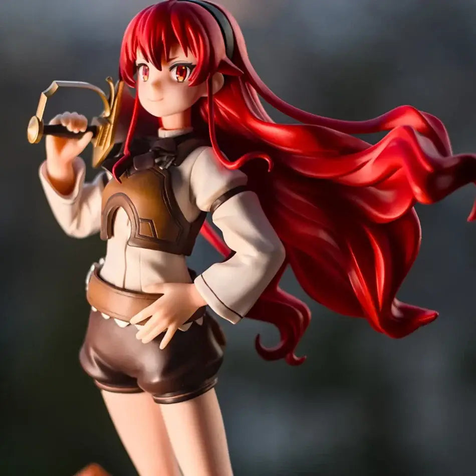 Red-haired eris greyrat pvc statue with flowing hair wearing white shirt and brown armor shorts from mushoku tensei