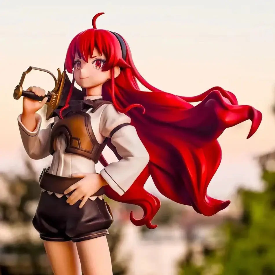 Red-haired eris greyrat pvc statue with flowing hair wearing white shirt black shorts and brown armor details