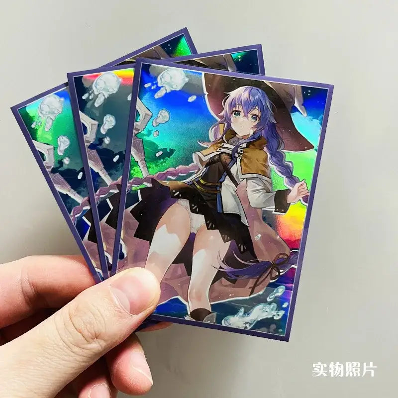 Purple-bordered holographic mushoku tensei lucksy card sleeves 67x92mm featuring anime witch character on rainbow background