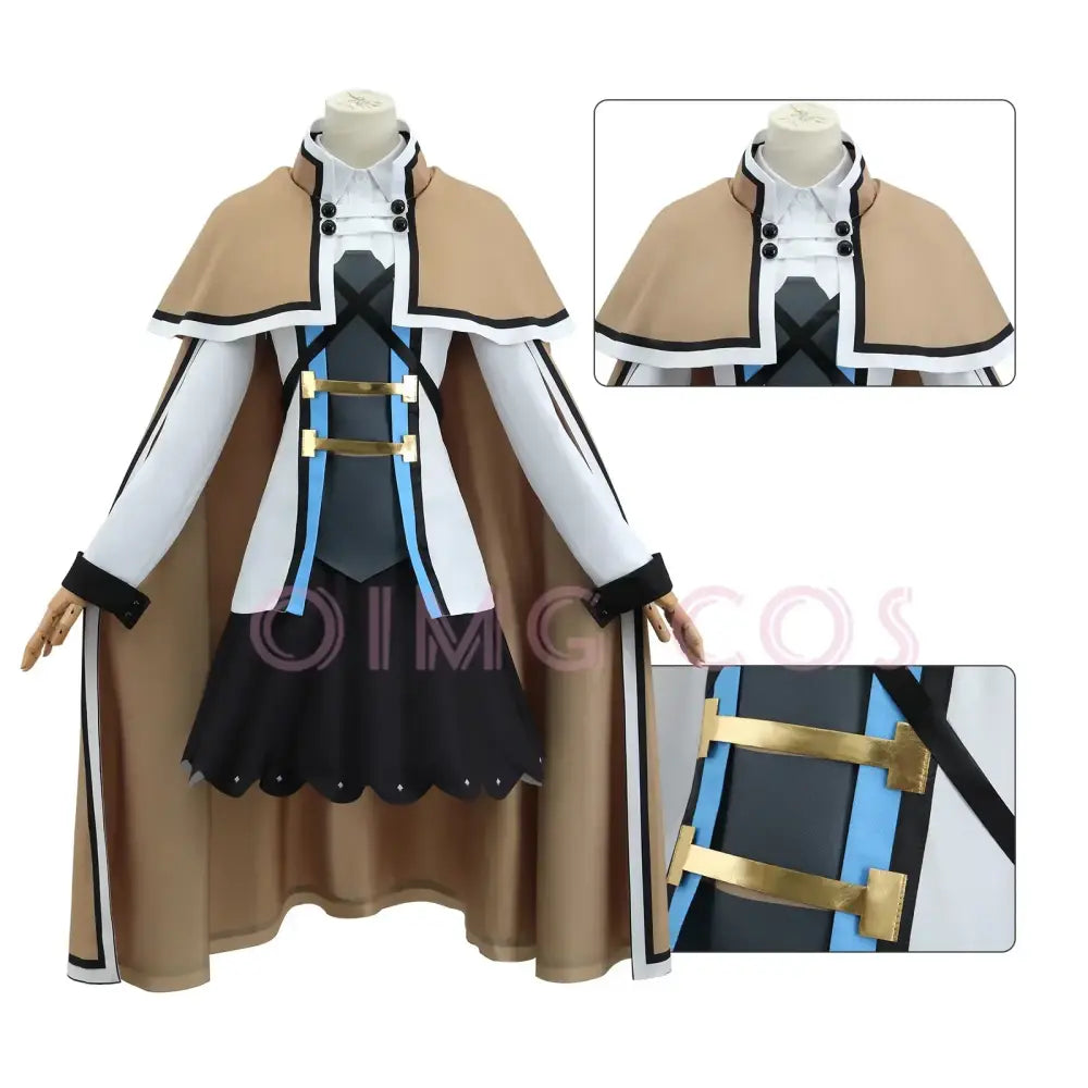 Tan cape with white trim and gold buckles over white sleeves dark gray bodice and black skirt in mushoku tensei cosplay outfit carnival uniform