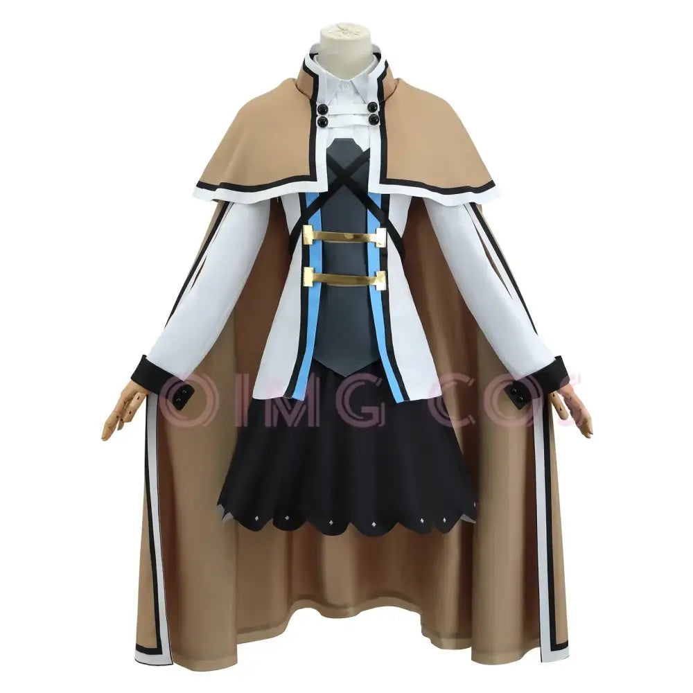 Tan cape with white and black trim and gold buckles worn over white blouse dark gray vest and black skirt roxy cosplay carnival uniform