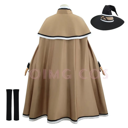 Tan-colored cape with black and white trim displayed with matching witch hat and leg warmers in mushoku tensei cosplay outfit carnival uniform