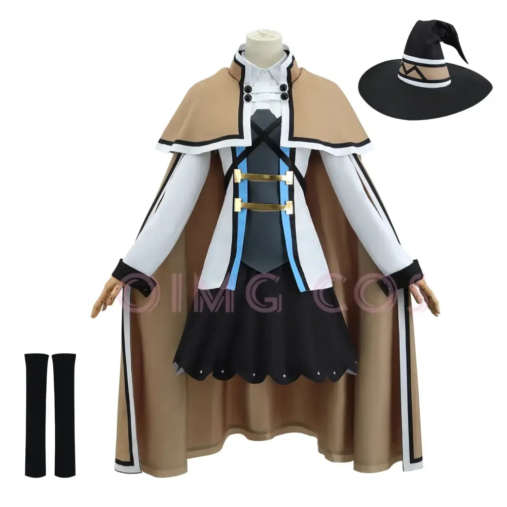 Tan and white mushoku tensei roxy cosplay carnival uniform with black trim gold buckles blue accents and matching witch hat