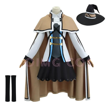 Tan and white mushoku tensei roxy cosplay carnival uniform with black trim gold buckles blue accents and matching witch hat