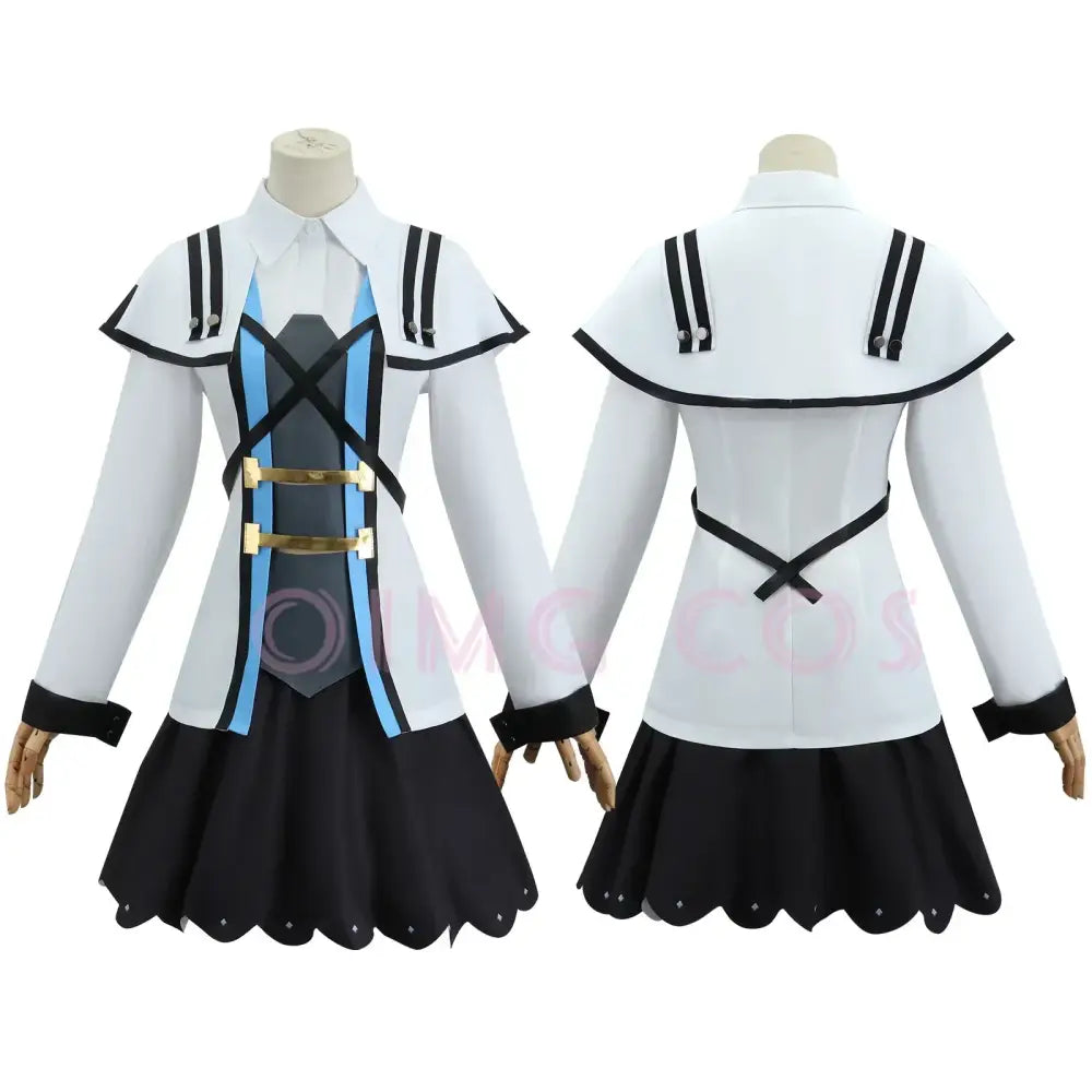 White and black mushoku tensei roxy cosplay carnival uniform dress with light blue accents and gold buckles