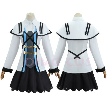White and black mushoku tensei roxy cosplay carnival uniform dress with light blue accents and gold buckles