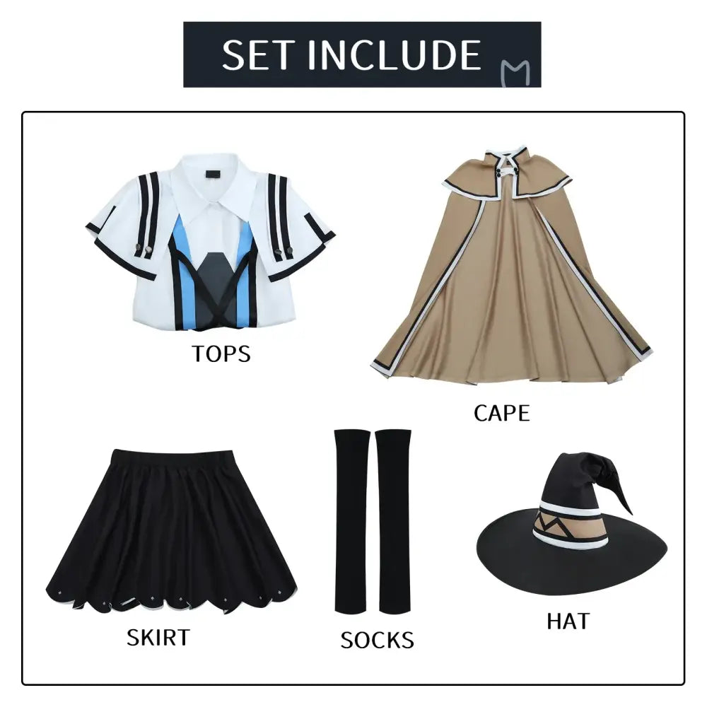 White short-sleeved top with black trim blue accents collar and buttoned cuffs mushoku tensei carnival uniform cosplay outfit