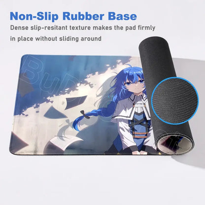 Blue-haired mushoku tensei roxy anime character printed on tensei roxy gaming desk mat with non-slip rubber base