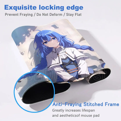 Mushoku tensei roxy gaming mouse pad desk mat featuring blue-haired anime character with anti-fraying stitched frame