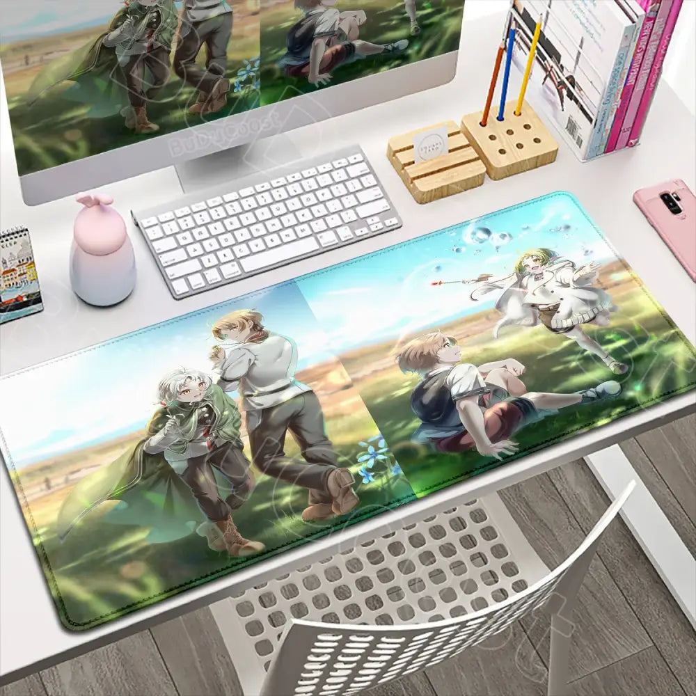 Long rectangular desk mat featuring vibrant mushoku tensei roxy anime artwork in a grassy field under bright sky