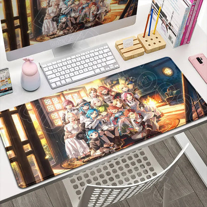 A glossy rectangular mushoku tensei roxy gaming desk mat with vibrant anime characters by a warm fireplace