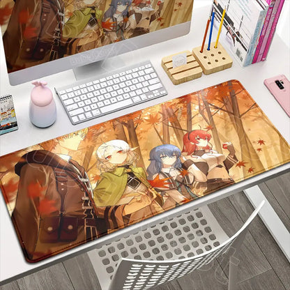 Autumn-themed mushoku tensei roxy gaming desk mat with soft textured surface in warm brown and orange tones