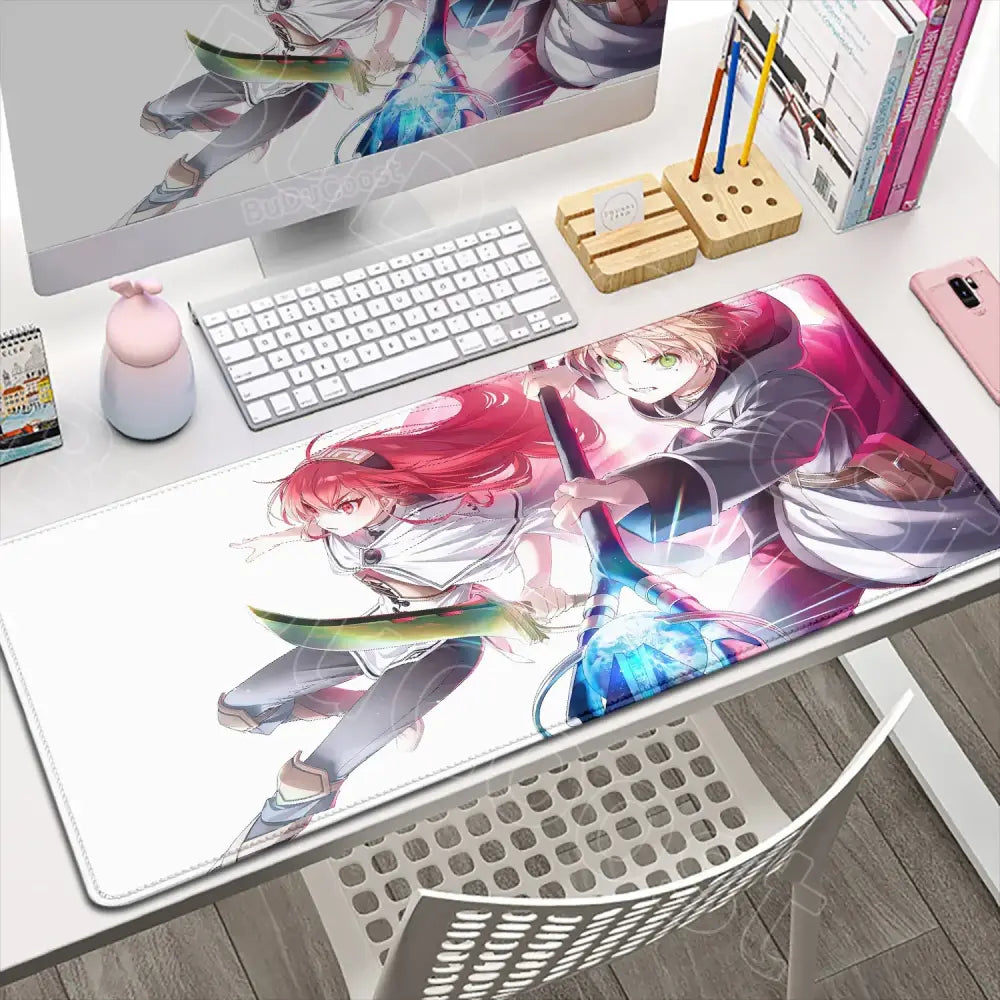 Rectangular mushoku tensei roxy gaming desk mat with vibrant red pink and blue anime characters on a glossy surface