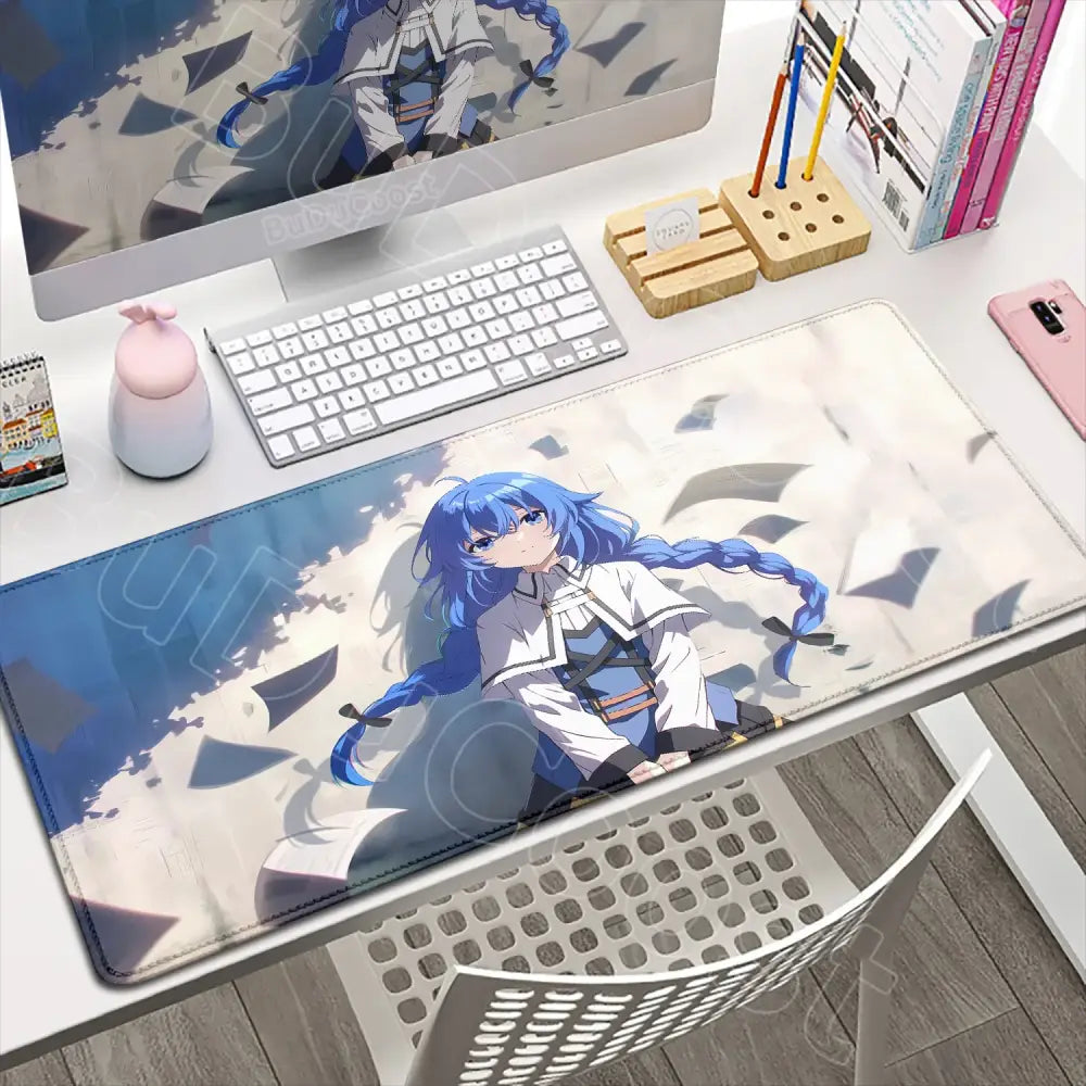 Blue-haired mushoku tensei roxy anime illustration on soft textured white and blue tensei roxy gaming desk mat