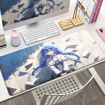 Blue-haired mushoku tensei roxy anime illustration on soft textured white and blue tensei roxy gaming desk mat
