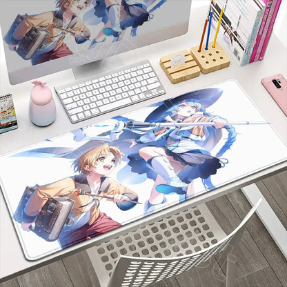 White-bordered rectangular tensei roxy gaming desk mat with vibrant mushoku tensei roxy anime illustration