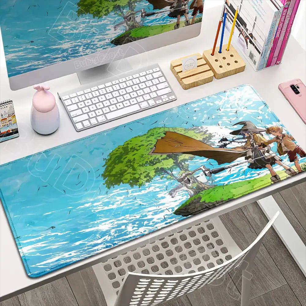 Blue mushoku tensei roxy gaming desk mat featuring anime characters on a floating island over water xxl mousepad