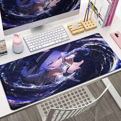 Mushoku tensei roxy gaming mouse pad desk mat featuring vibrant purple hair character on cosmic blue black background