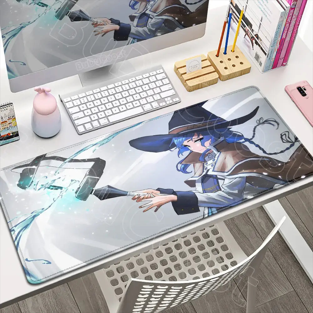Long rectangular mushoku tensei roxy desk mat featuring blue-haired anime character in dynamic motion with swirling water effects