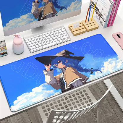 Blue and white mushoku tensei roxy desk mat featuring a witch design ideal for tensei roxy gaming setups