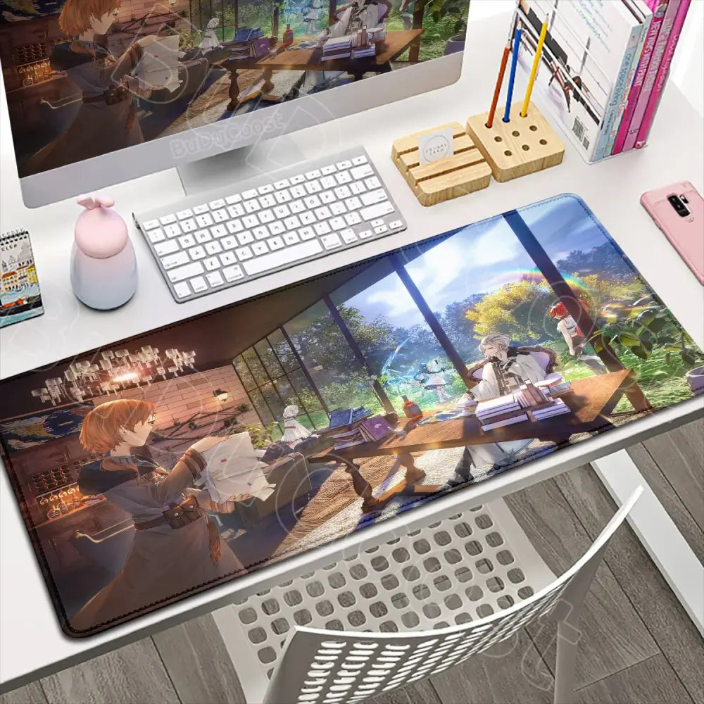 A vibrant mushoku tensei roxy gaming desk mat featuring detailed anime characters in a cozy indoor setting with warm lighting