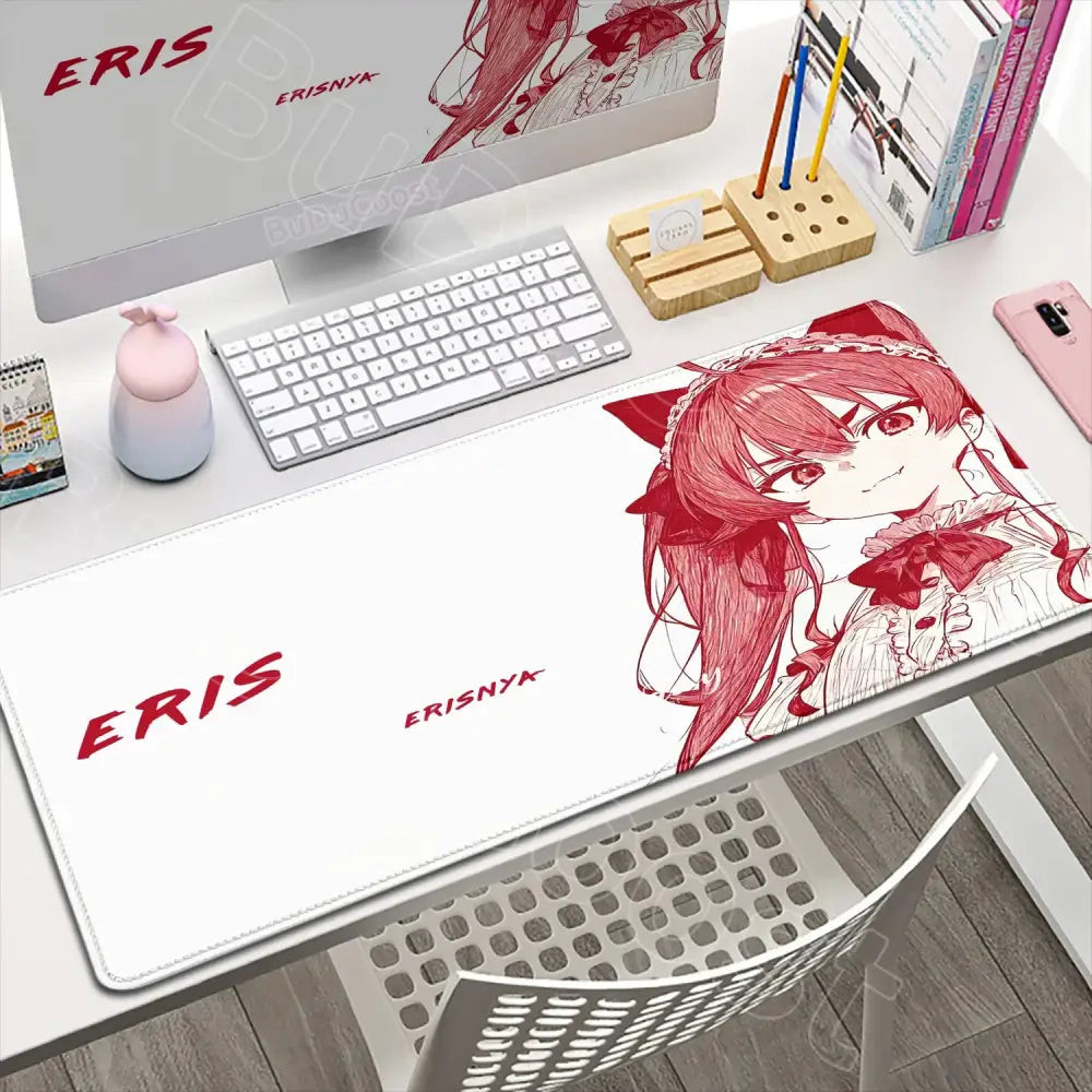White desk mat featuring a red mushoku tensei roxy anime girl with cat ears and eris branding for tensei roxy gaming use
