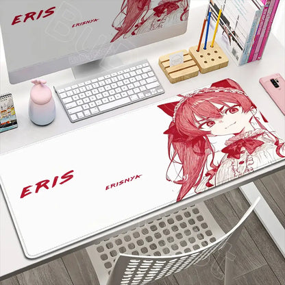 White desk mat featuring a red mushoku tensei roxy anime girl with cat ears and eris branding for tensei roxy gaming use