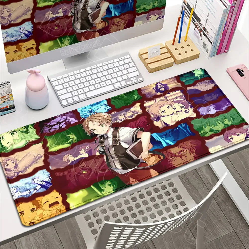 A vibrant dark red mushoku tensei roxy tensei roxy gaming desk mat featuring colorful anime character illustrations
