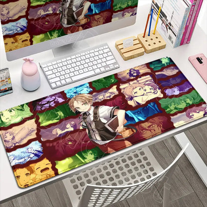 A vibrant dark red mushoku tensei roxy tensei roxy gaming desk mat featuring colorful anime character illustrations