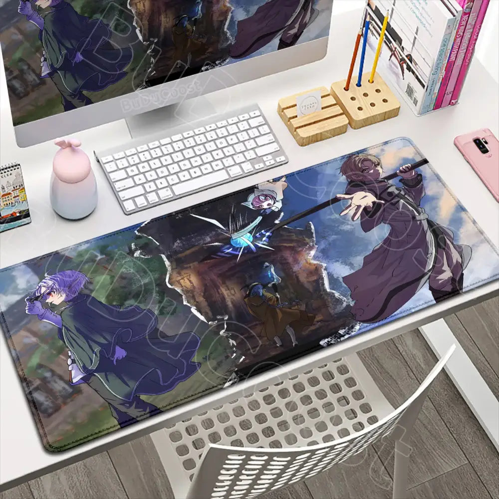 Long rectangular mushoku tensei roxy gaming desk mat with anime characters on smooth surface and rocky sky background