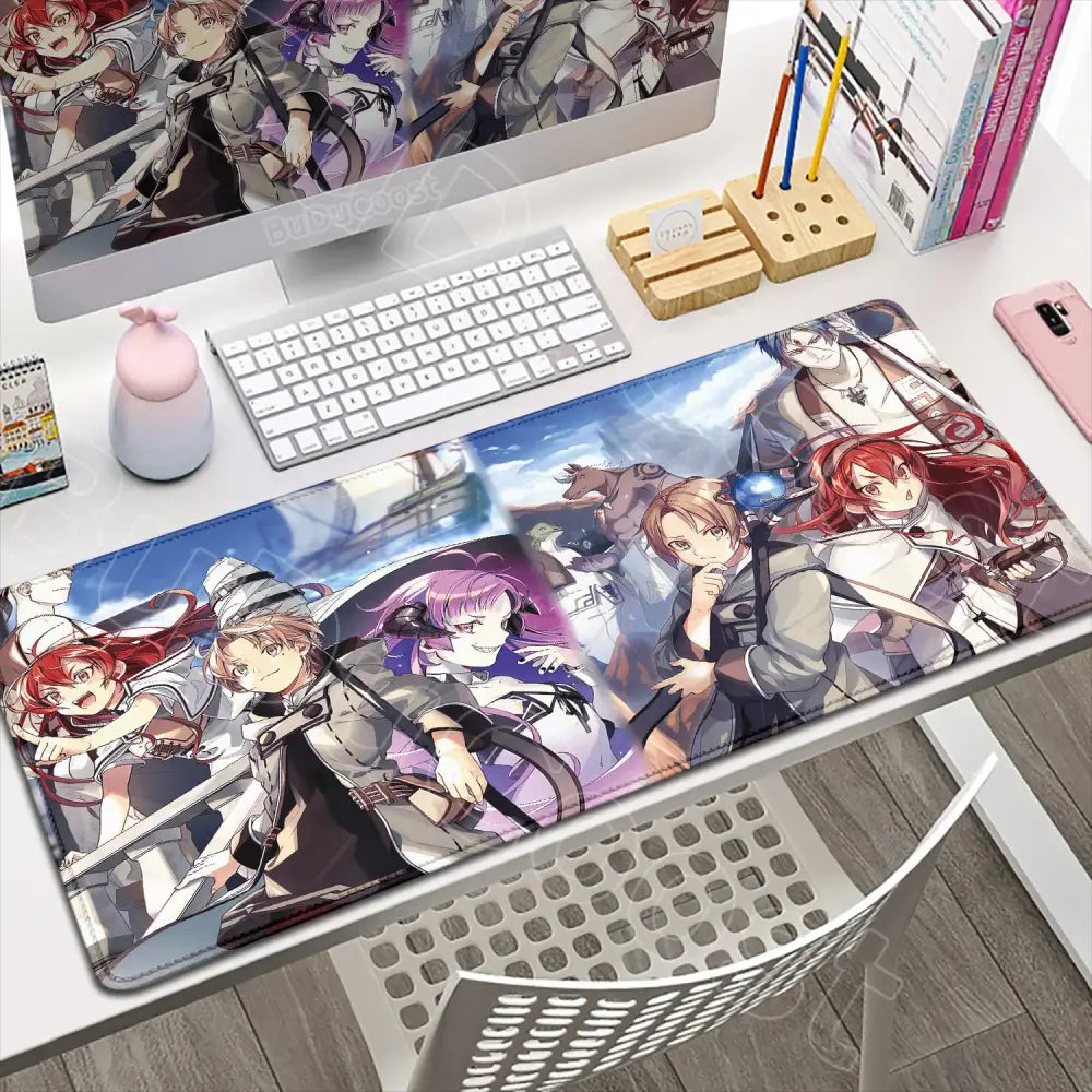 Vibrant mushoku tensei roxy desk mat featuring detailed anime characters with colorful artwork and a glossy finish