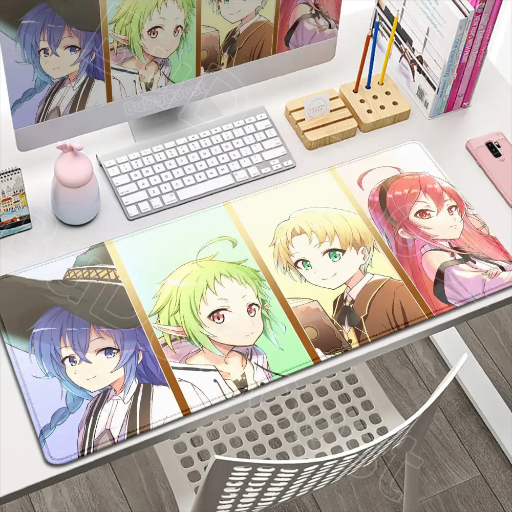 Mushoku tensei roxy gaming desk mat with four vibrant anime characters and gold trim on a smooth rectangular surface