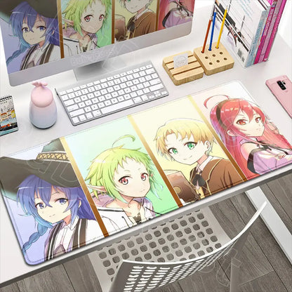 Mushoku tensei roxy gaming desk mat with four vibrant anime characters and gold trim on a smooth rectangular surface