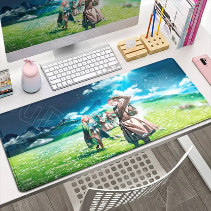 Vibrant mushoku tensei roxy desk mat featuring anime characters in a green field under a bright blue sky for gaming use