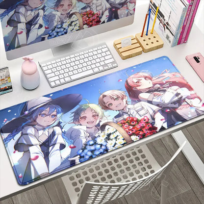 Blue and white mushoku tensei roxy gaming desk mat featuring three characters with floral arrangements xxl mousepad