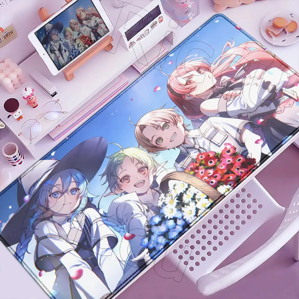 Mushoku tensei roxy desk mat featuring a vibrant blue sky and four characters in white uniforms on an xxl gaming mousepad