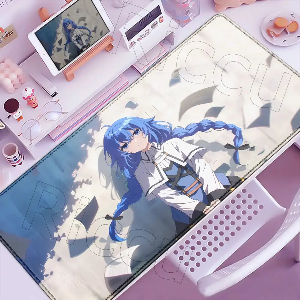 Light beige rectangular desk mat featuring detailed mushoku tensei roxy anime character for tensei roxy gaming use